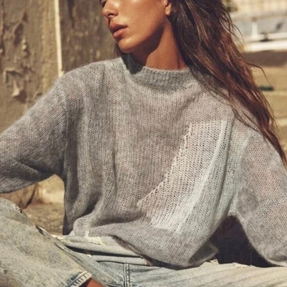 New ZARA Open Weave Alpaca blend Colorblock Tunic Sweater Grey White M
